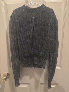 Shimmery Black Metallic Pleated Long Sleeve Top, girls 10-11 yrs